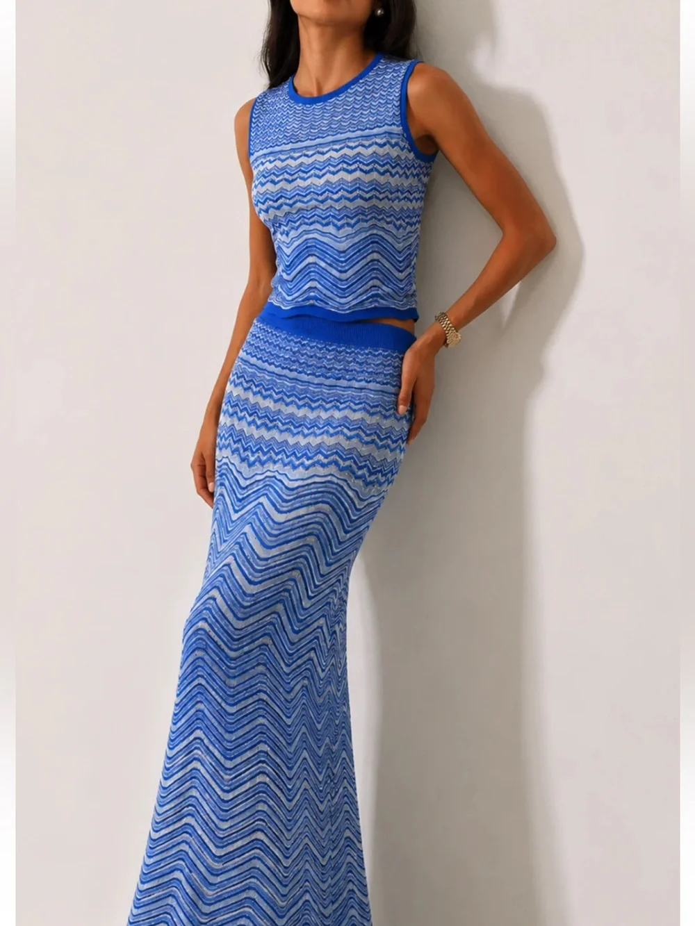 Commense Chevron Knit Sleeveless Top & Maxi Skirt Set Size Medium NWT